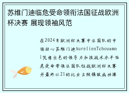 苏维门迪临危受命领衔法国征战欧洲杯决赛 展现领袖风范 苏维门迪临危受命领衔法国征战欧洲杯决赛 展现领袖风范